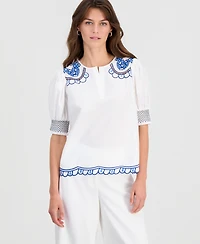 T Tahari Women's Cotton Embroidered-Trim Split-Neck Top