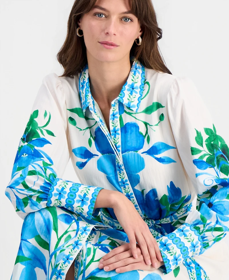 T Tahari Women's Printed Tie-Waist Button-Down Maxi Dress