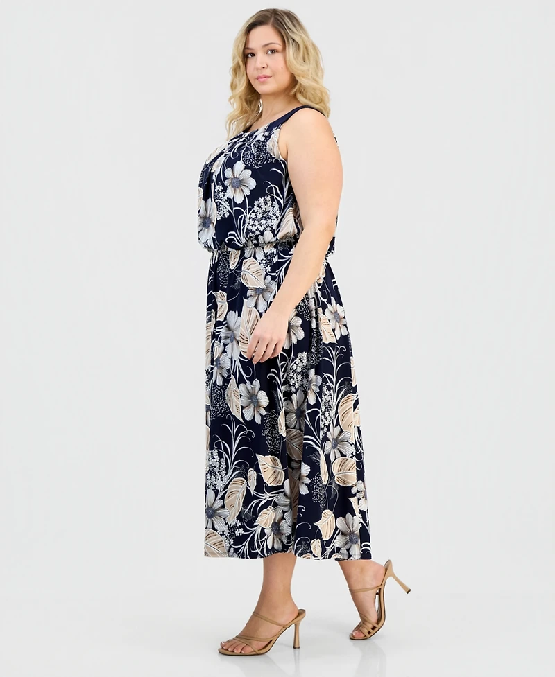 Robbie Bee Plus Printed Pleat-Neck Sleeveless Dress