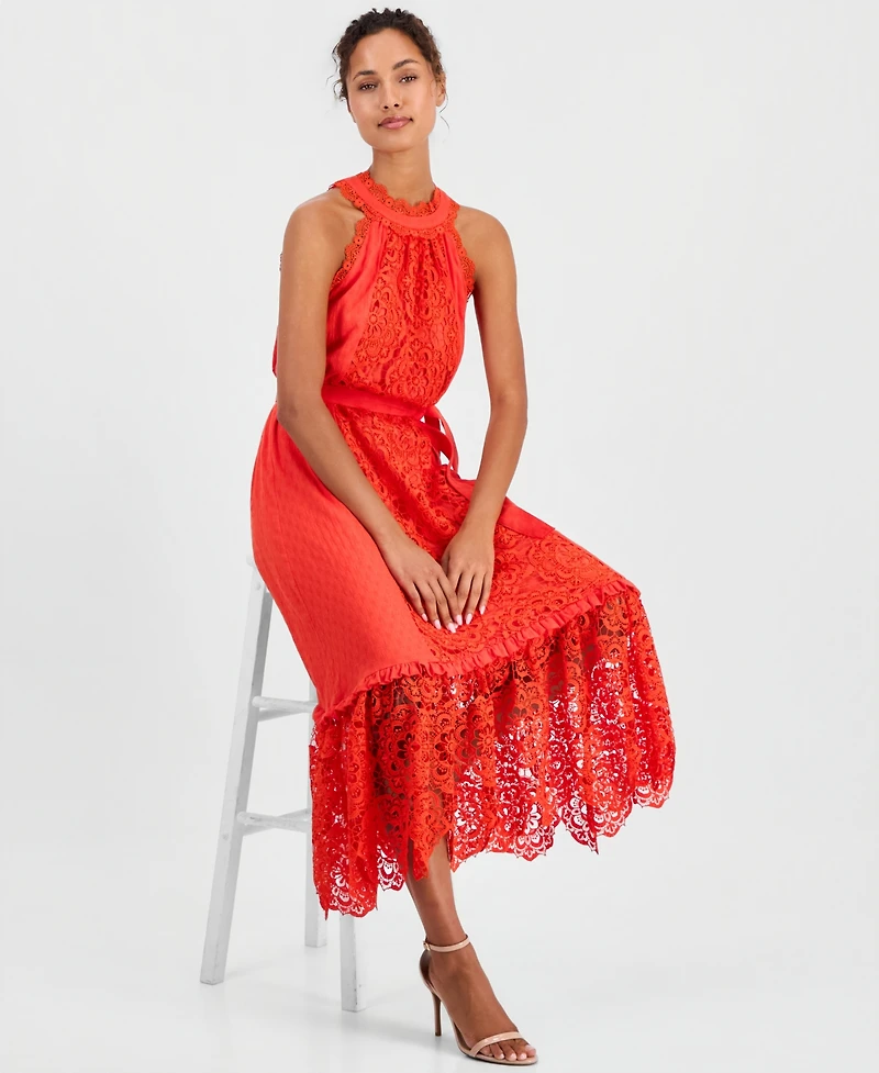 T Tahari Women's Sleeveless Halter Lace Maxi Dress