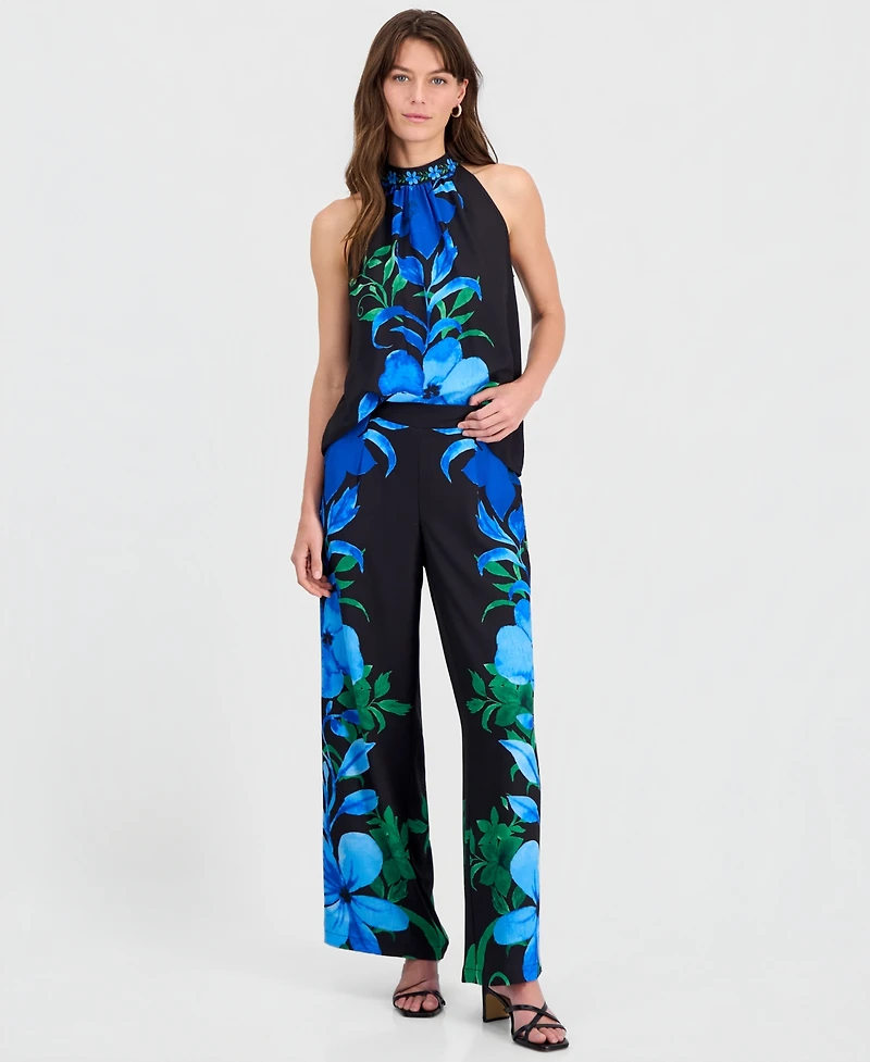 T Tahari Women's Placed-Print Sleeveless Halter Top