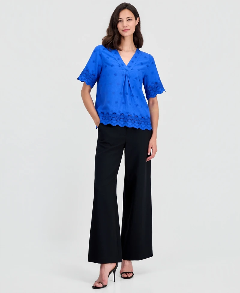 T Tahari Women's Embroidered Eyelet-Hem Top