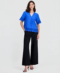 T Tahari Women's Embroidered Eyelet-Hem Top