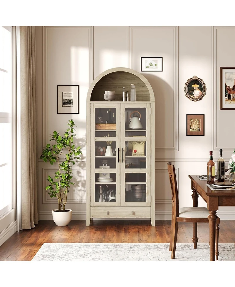 gaomon Tall Arched Kitchen Pantry Cabinet, Modern Farmhouse Kitchen Storage Cabinets with Led Lights, Arched Cabinet with Open & Adjustable Shelves