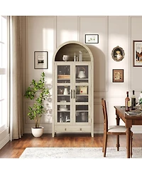 gaomon Tall Arched Kitchen Pantry Cabinet, Modern Farmhouse Kitchen Storage Cabinets with Led Lights, Arched Cabinet with Open & Adjustable Shelves
