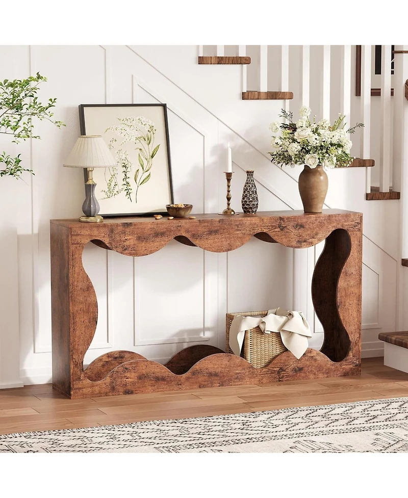 gaomon Slim Farmhouse Console Table for Entryway, 2-Tier Wood Scalloped Sofa Table with Storage Shelf