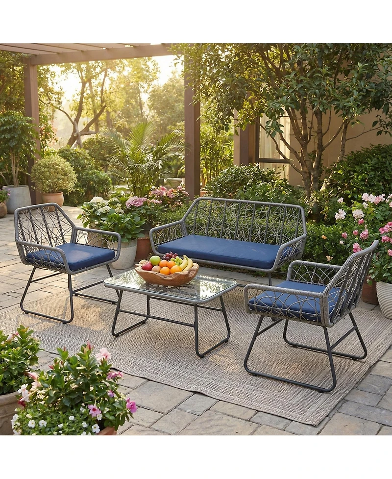 Mondawe Wicker Patio Set with Cushions and Glass Table
