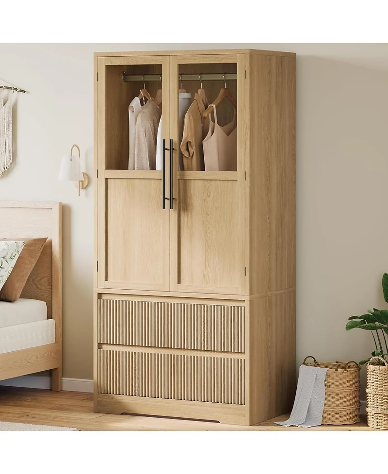 gaomon Armoire Wardrobe Closet with 2 Glass Doors and 2 Fluted Drawers, Wooden Wardrobe Storage Cabinet Closet with Hanging Rod and Shelves