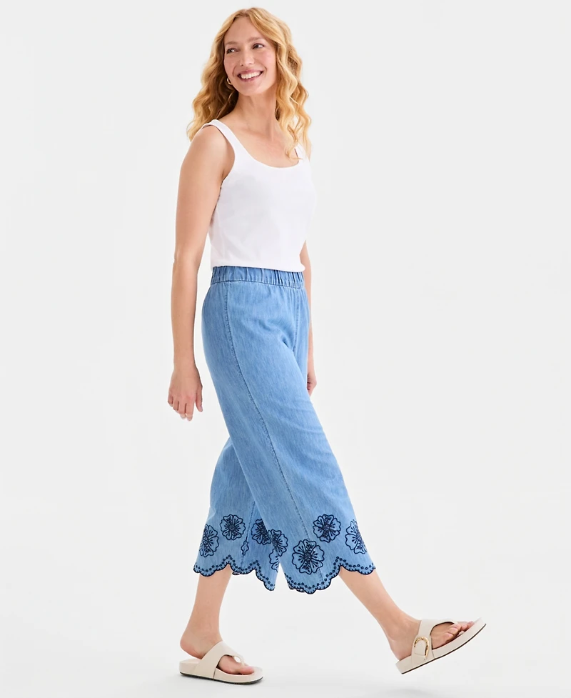 Style & Co Petite Chambray Scalloped Eyelet Hem Wide-Leg Capri Pants