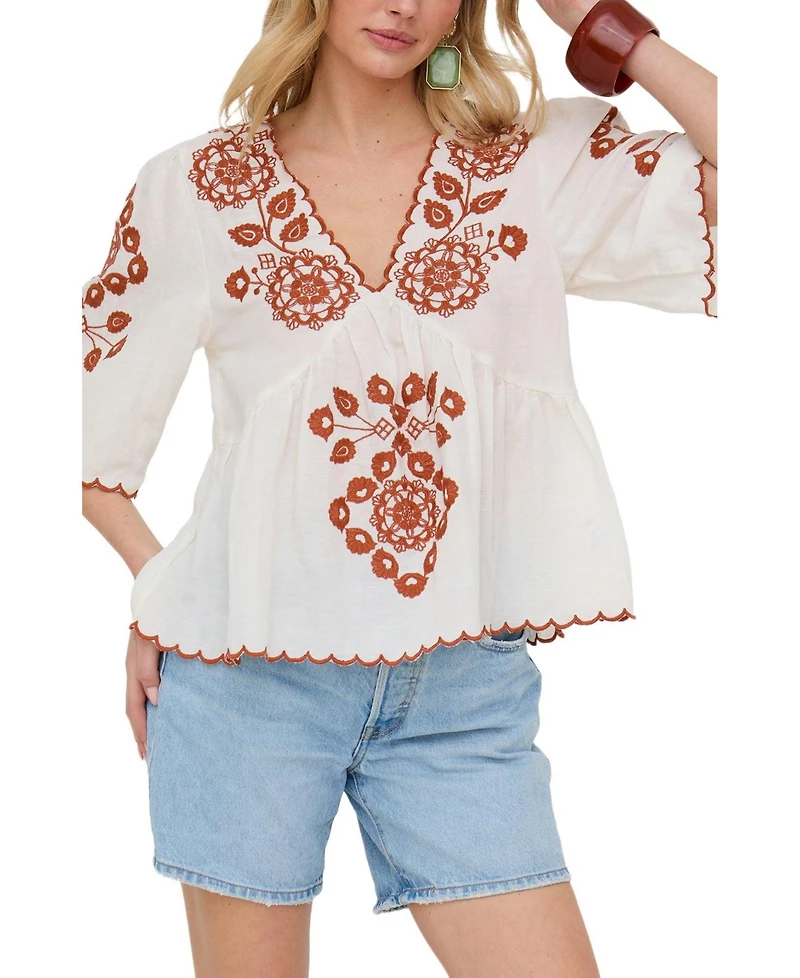 Raffya Women's Aubrey V-Neck Embroidered Blouse