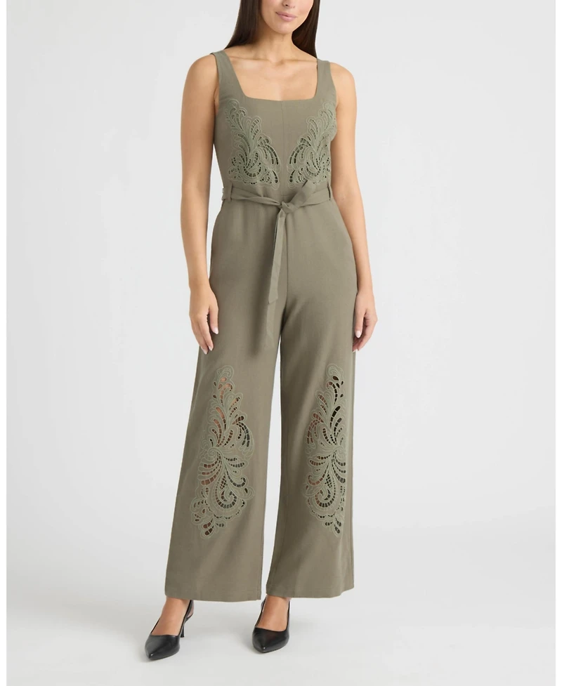 Ellen Tracy Women's Linen Jumpsuit with Embroidery Detailing