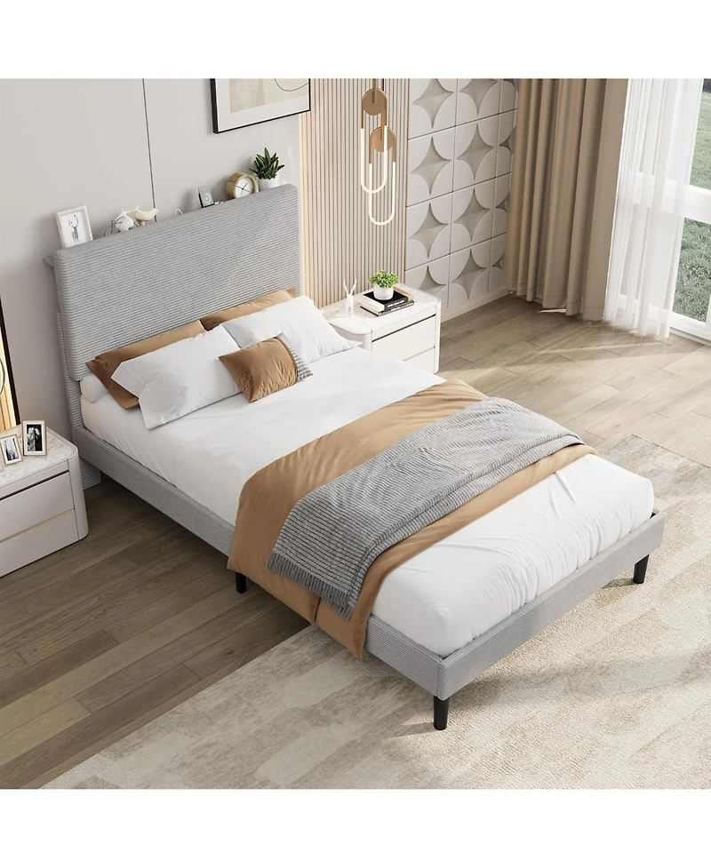 gaomon Bed Frame with Usb Charging Station, Corduroy Upholstered Platform Bed Frame with Adjustable Storage Headboard