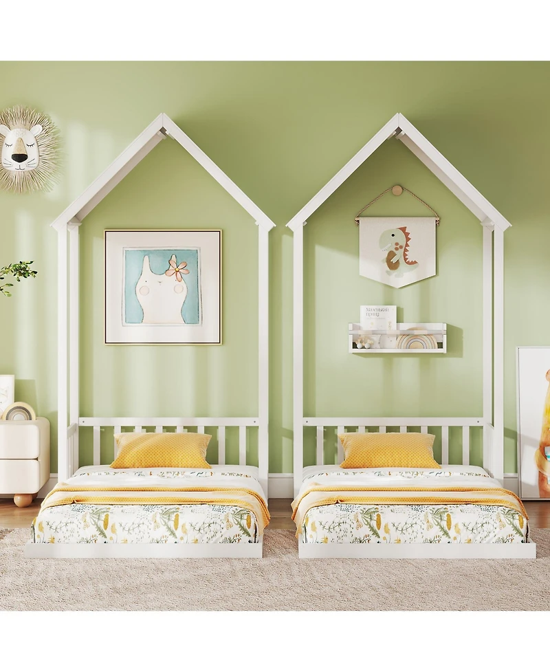 Sugift Twin Size House Bed with House Shape Roof and Semi-Fence