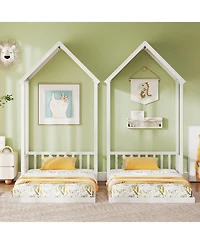 Sugift Twin Size House Bed with House Shape Roof and Semi-Fence