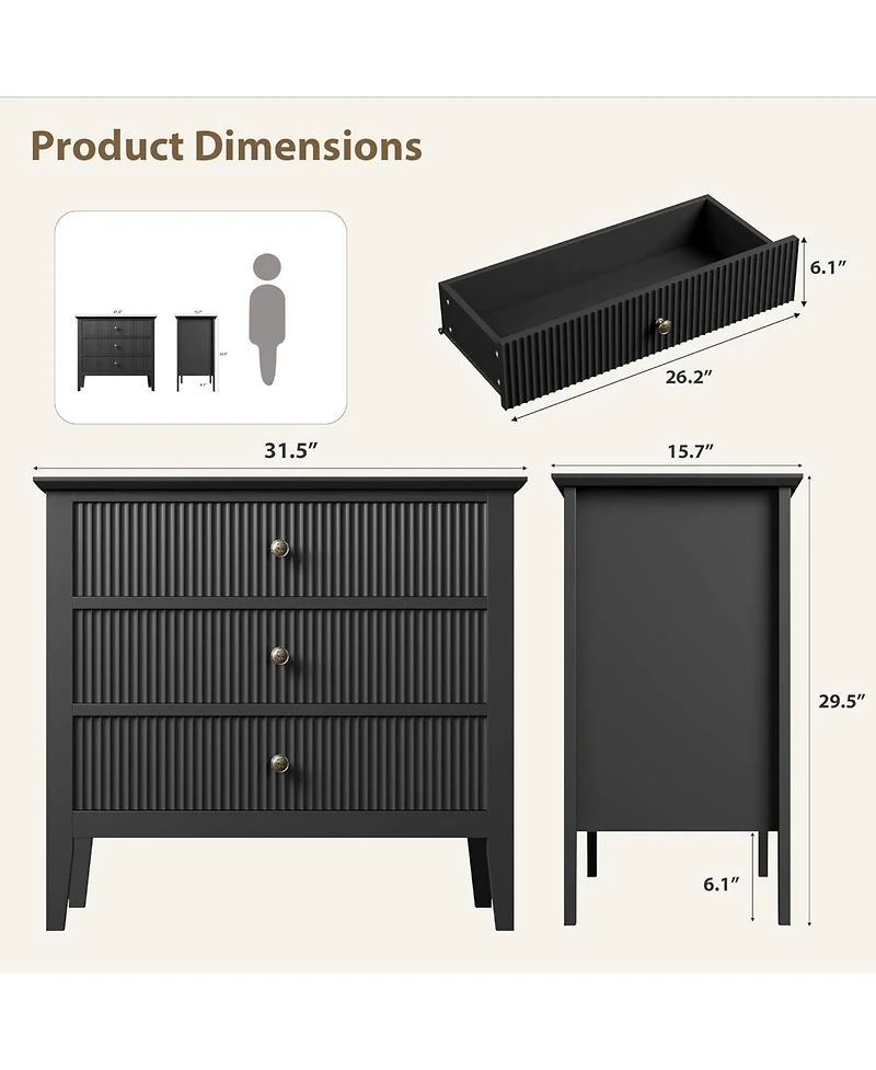gaomon Large 3 Drawer Dresser, Fluted Wood Drawers for Bedroom, Modern Painted 30-Inch-Wide Nightstand Living Room, Hallway.