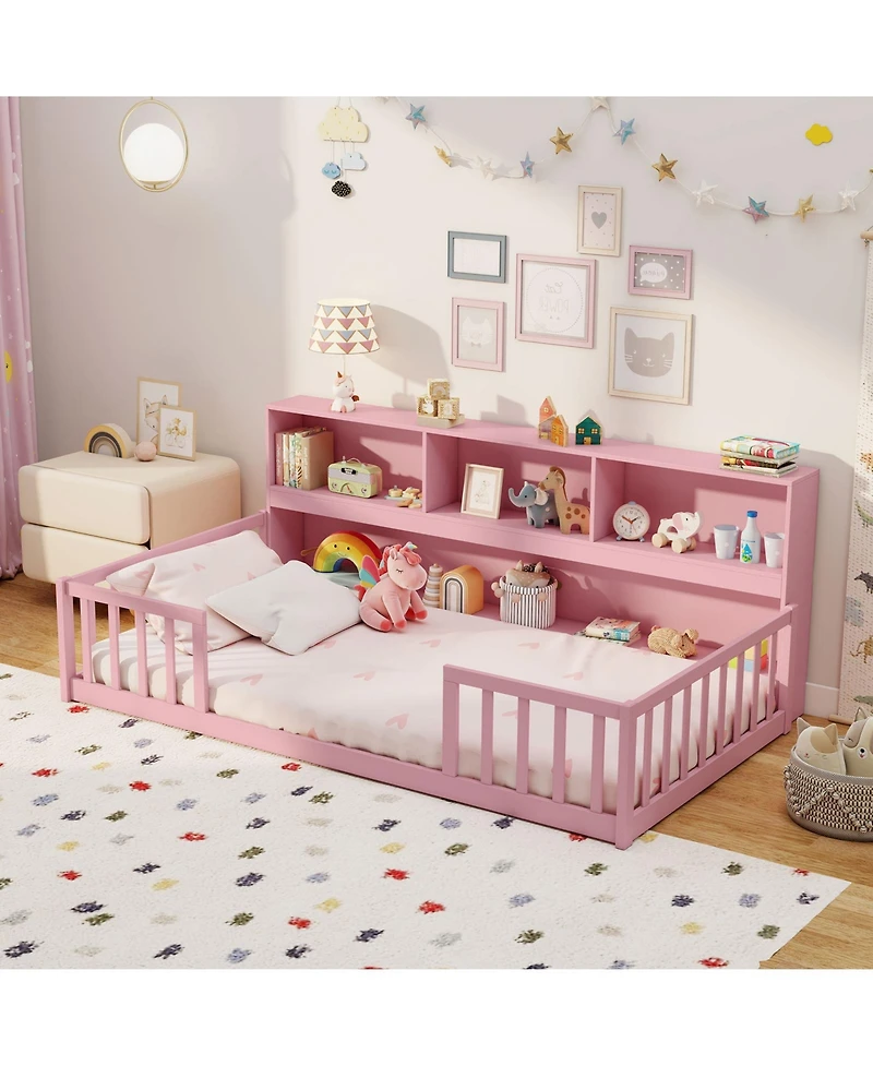 Slickblue Twin Montessori Floor Bed with Bookcase Storage