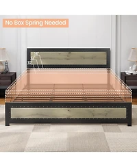 gaomon Size Industrial Bed Frame - Charge Station (Usb/Type-c), Wood Headboard/Footboard, No Box Spring Needed