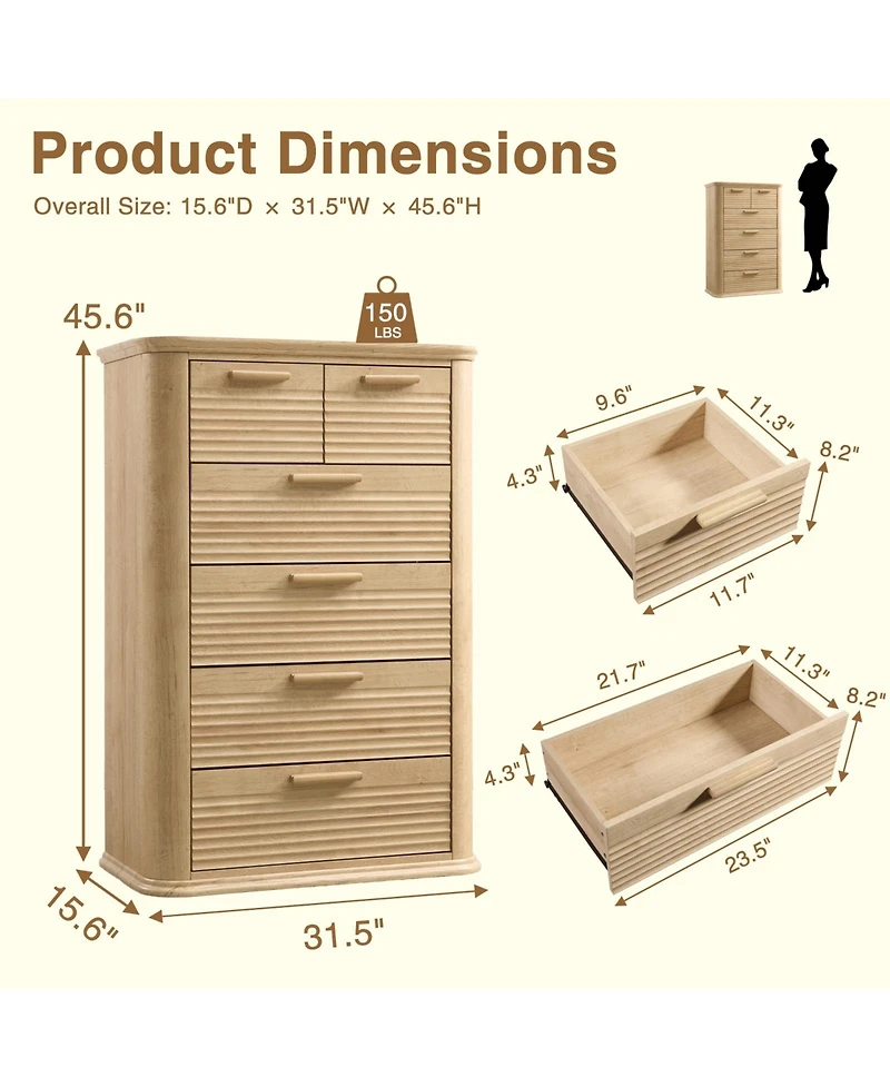 flynama Modern 6 Drawer Dresser 45 Tall with Curved Profile Wood Fluted Chest for Bedroom Living Room Entryway