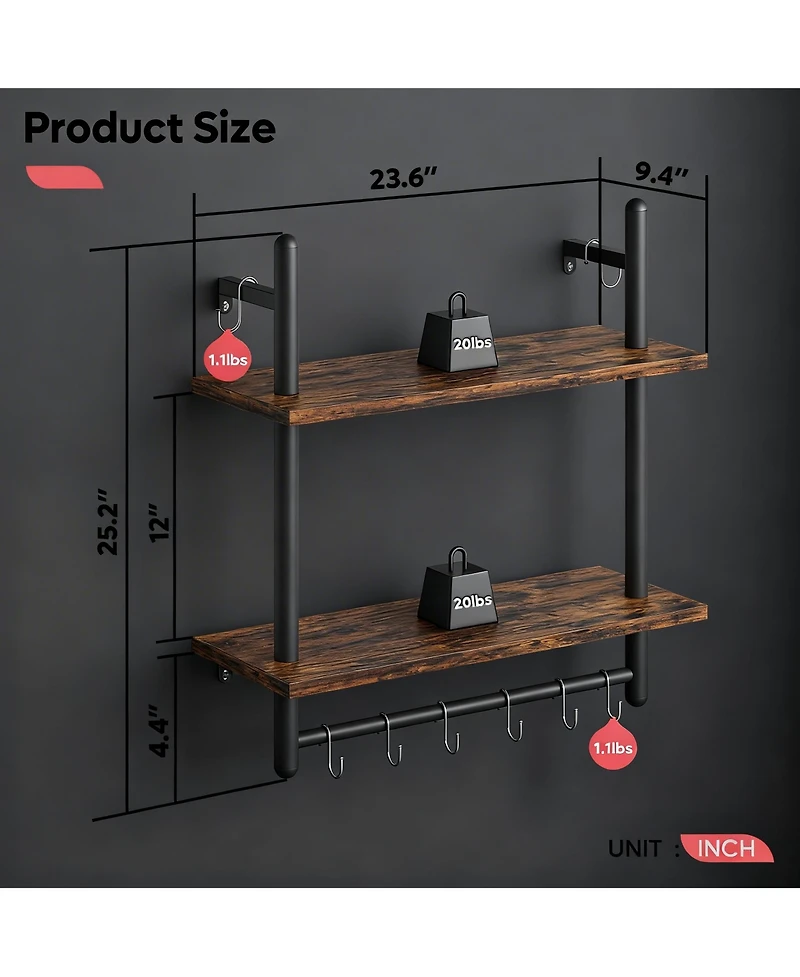 Yigii 24" Floating Wall Shelves 2 Tier Industrial Coffee Bar With 8 Hooks Towel Bar