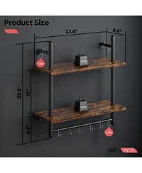 Yigii 24" Floating Wall Shelves 2 Tier Industrial Coffee Bar With 8 Hooks Towel Bar