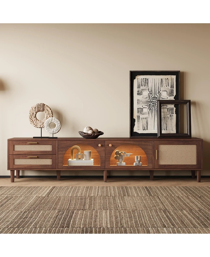 sumyeg 86" Cabinet Tv Stand with Led App Control and 2 Drawers Glass Door