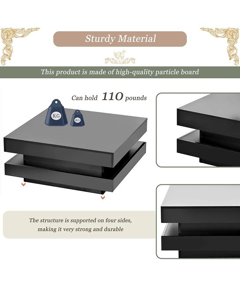 Rainsken 2-Tier Square Coffee Table, Modern High Gloss Led Center Table with Storage for Living Room and Home Office