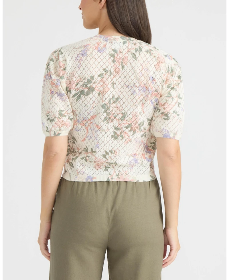 Ellen Tracy Women's Printed Flutter Sleeve Pointelle Sweater