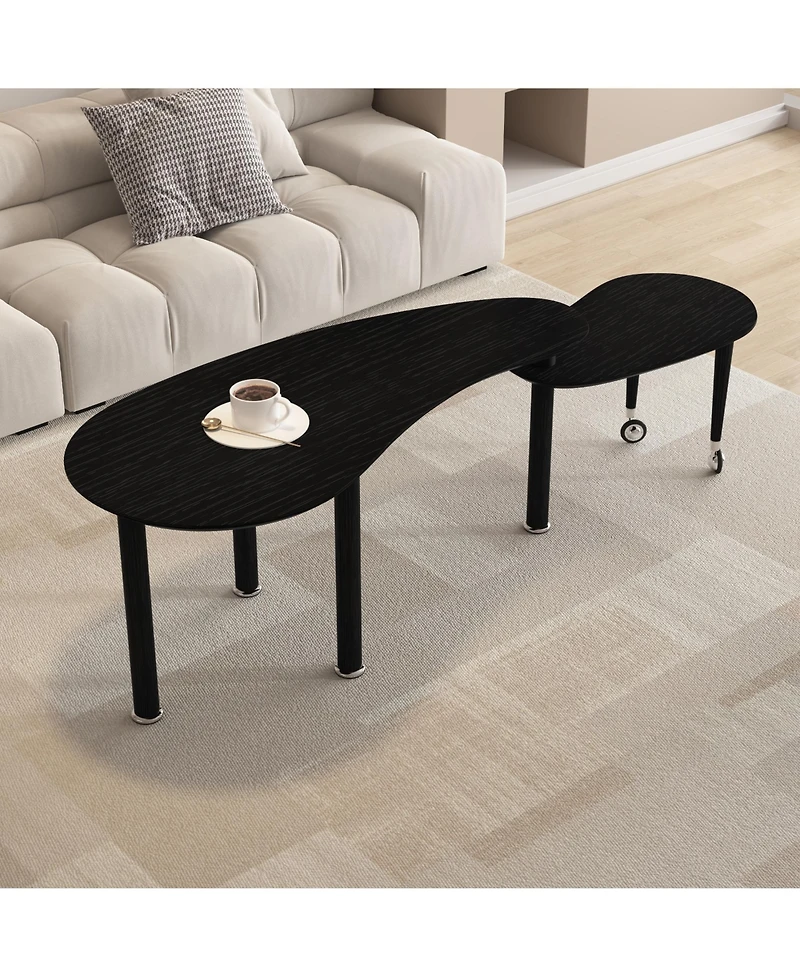 Rainsken Rotatable Coffee Table, Nesting Coffee Tables with Swivel Function, Modern Wood Oval Center Table for Living Room