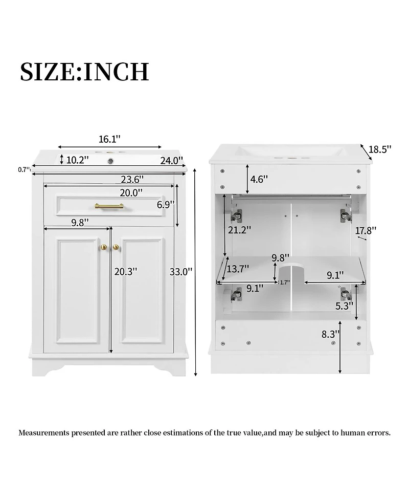 Sillysis 24" Bathroom Vanity with Ceramic Sink, Modern Freestanding Mdf Cabinet, Tip-Out Drawer Soft Close Door for Small Bathrooms
