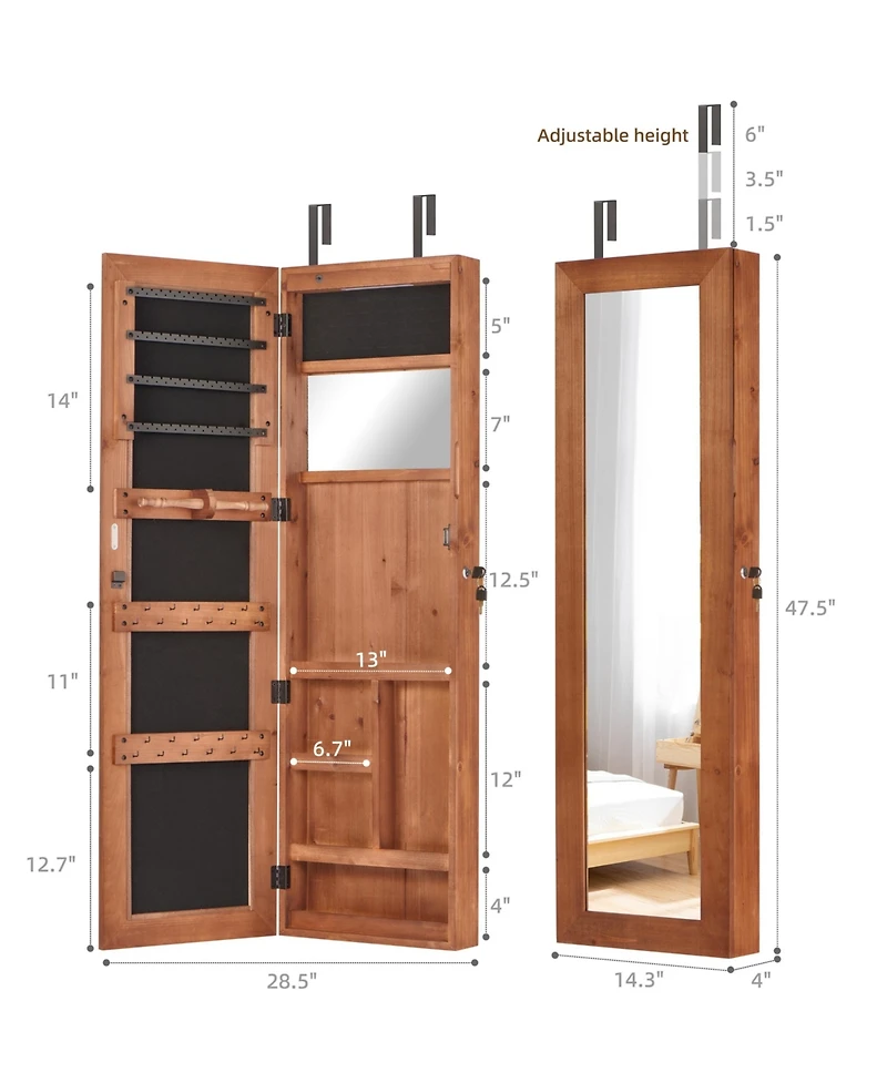 flynama Solid Wood Jewelry Armoire Organizer Cabinet with Full-Length Mirror Wall-Mounted Lockable with Led Light 47.5x14.3 in