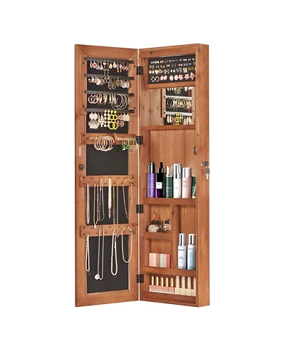 flynama Solid Wood Jewelry Armoire Organizer Cabinet with Full-Length Mirror Wall-Mounted Lockable with Led Light 47.5x14.3 in