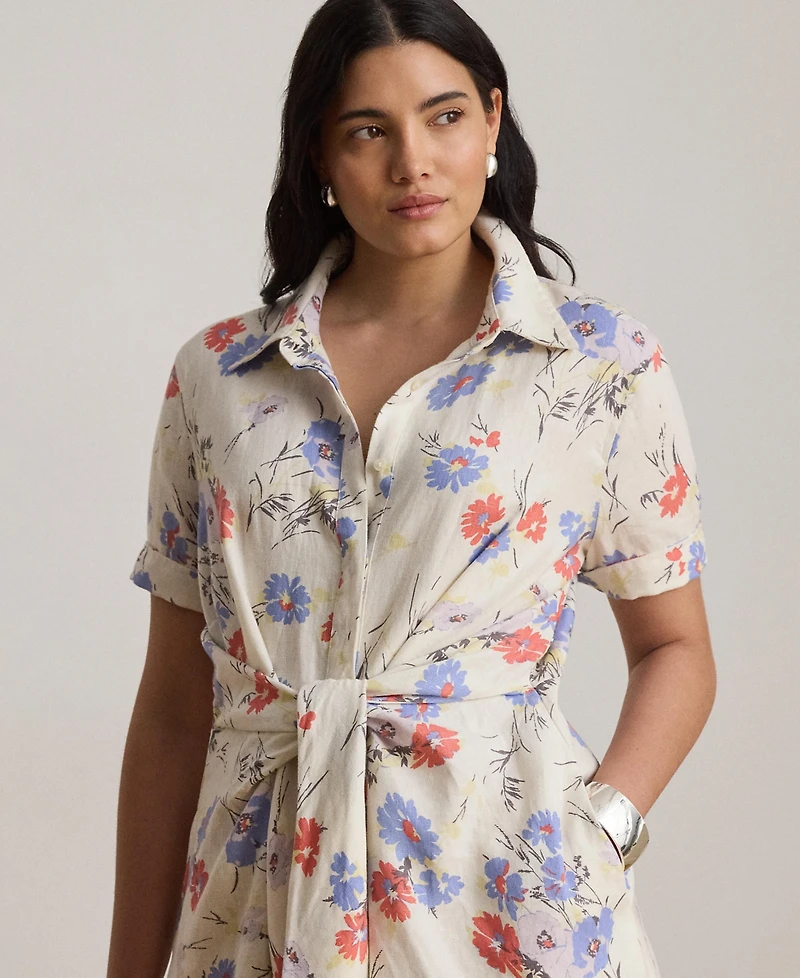 Lauren Ralph Plus Floral Tie-Front Collared Shirtdress