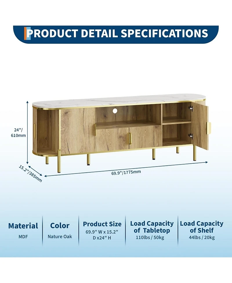 gaomon Luxury Fluted Tv Stand with Faux Marble Top & Curved Sliding Doors, Modern Entertainment Center for TVs Up to 80", Large Storage Media Console