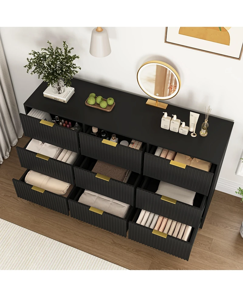 flynama Large 9 Drawer Dresser 63-Inch-Wide Wood with Gold Handles for Bedroom Storage