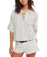 Free People Women's Short-Sleeve Collared Striped Shirt
