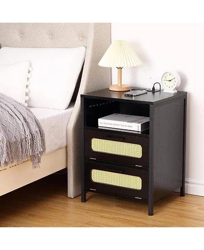 gaomon Nightstand with Led Lighting Charging End Table with 2 Usb Ports and 2 Outlets Bedroom Night Stand with 2 Rattan Decorated Drawers , Open Shelf