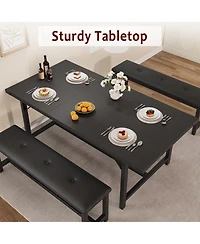 gaomon 3-Piece 63" Extendable Rectangular Dining Table Set with Metal Frame and 2 Benches