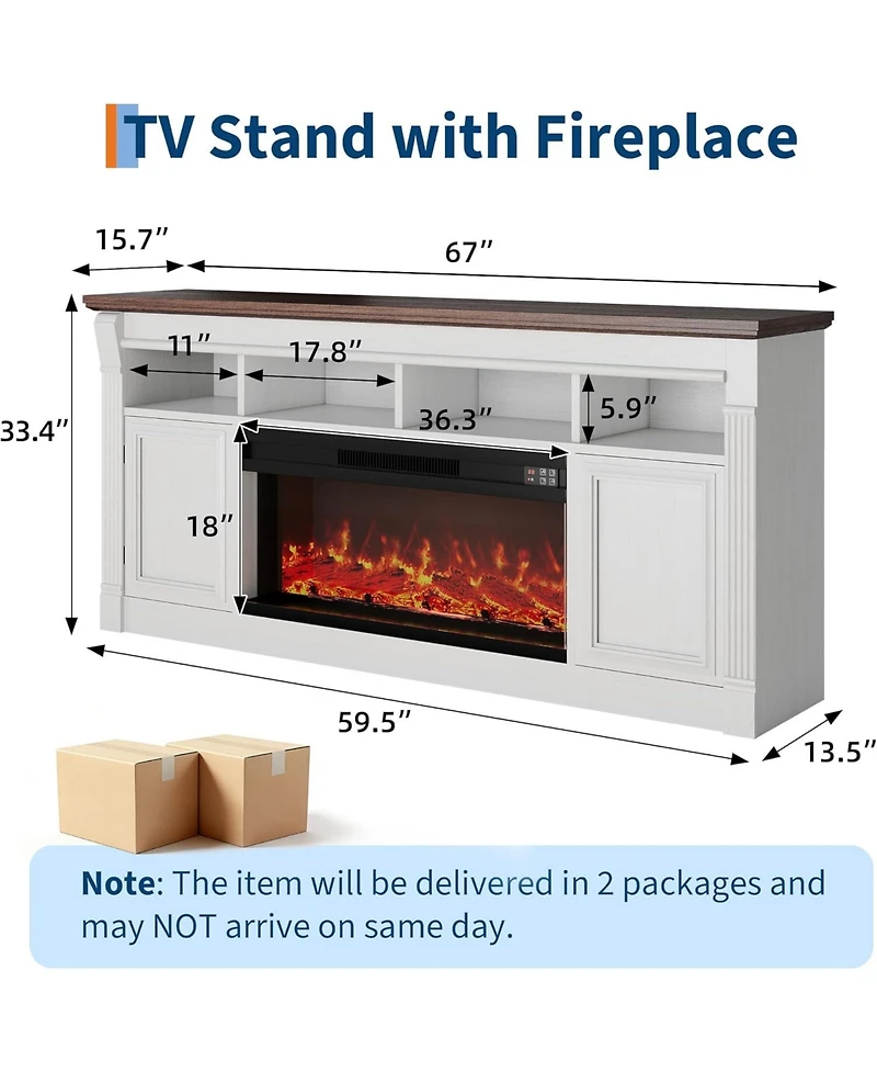 gaomon 68" Farmhouse Electric Fireplace Tv Stand, Entertainment Center with Open Storage Cabinets for TVs up to 75", Media Console for Livin