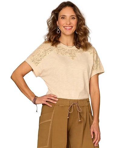 Democracy Petite Lace-Trim Crewneck Knit Top