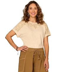 Democracy Petite Lace-Trim Crewneck Knit Top