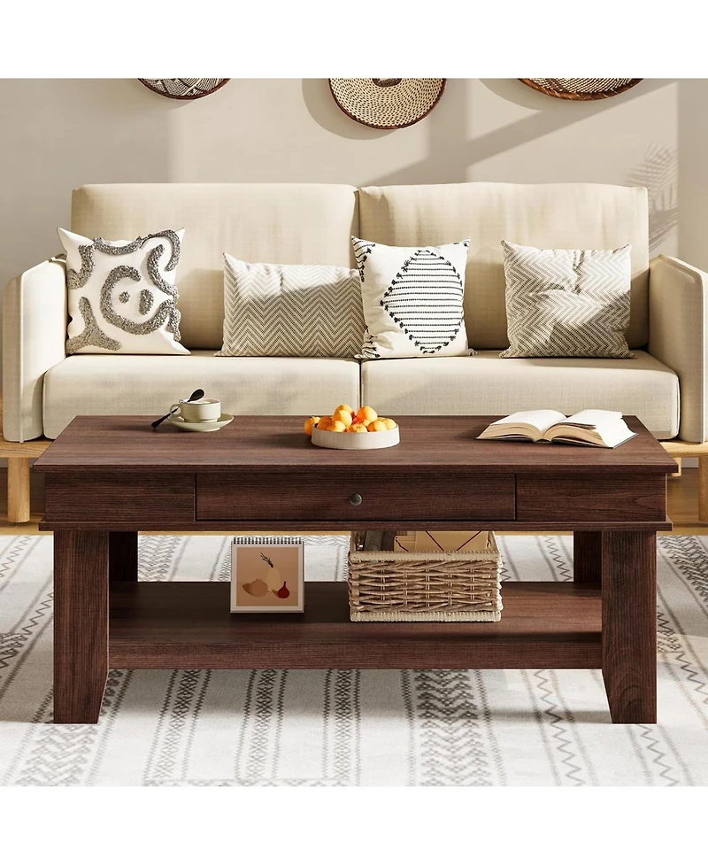 gaomon Light Wood Coffee Table with Drawer, 472" Center Storage Shelf, Rustic Tables Long Living Room Furniture, Sturdy and Eas