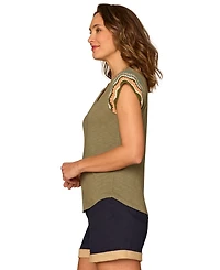Democracy Petite Crochet Cap-Sleeve Notched Neck Knit Top