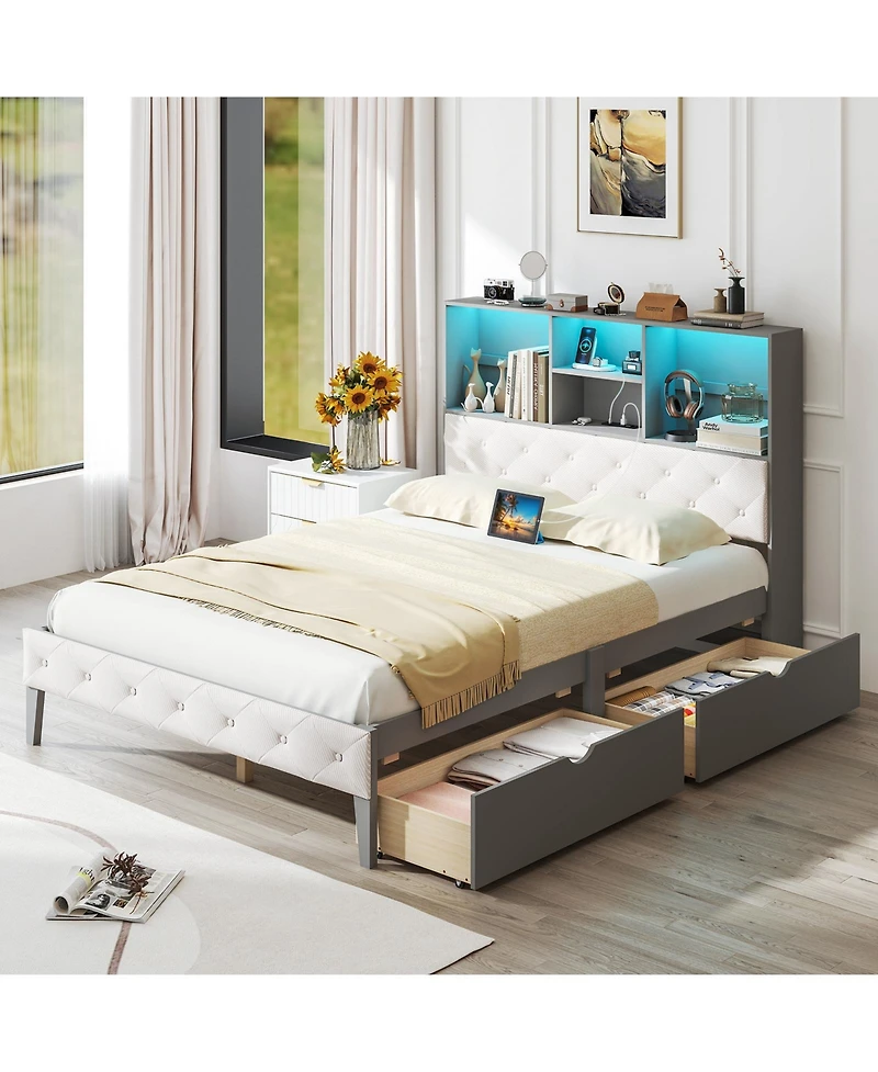 Slickblue Full Bed Frame with Storage Headboard and Led Lighting