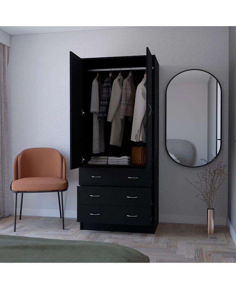 flynama Prescott Armoire with 2 Doors 3 Drawers 1 Hanging Rod Bedroom Storage