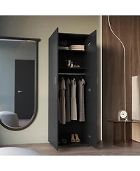 flynama Cluster 63inch Tall Wardrobe with Mirror Three Shelves Casters and Hanging Rod Bedroom Clothes Storage Cabinet Organizer