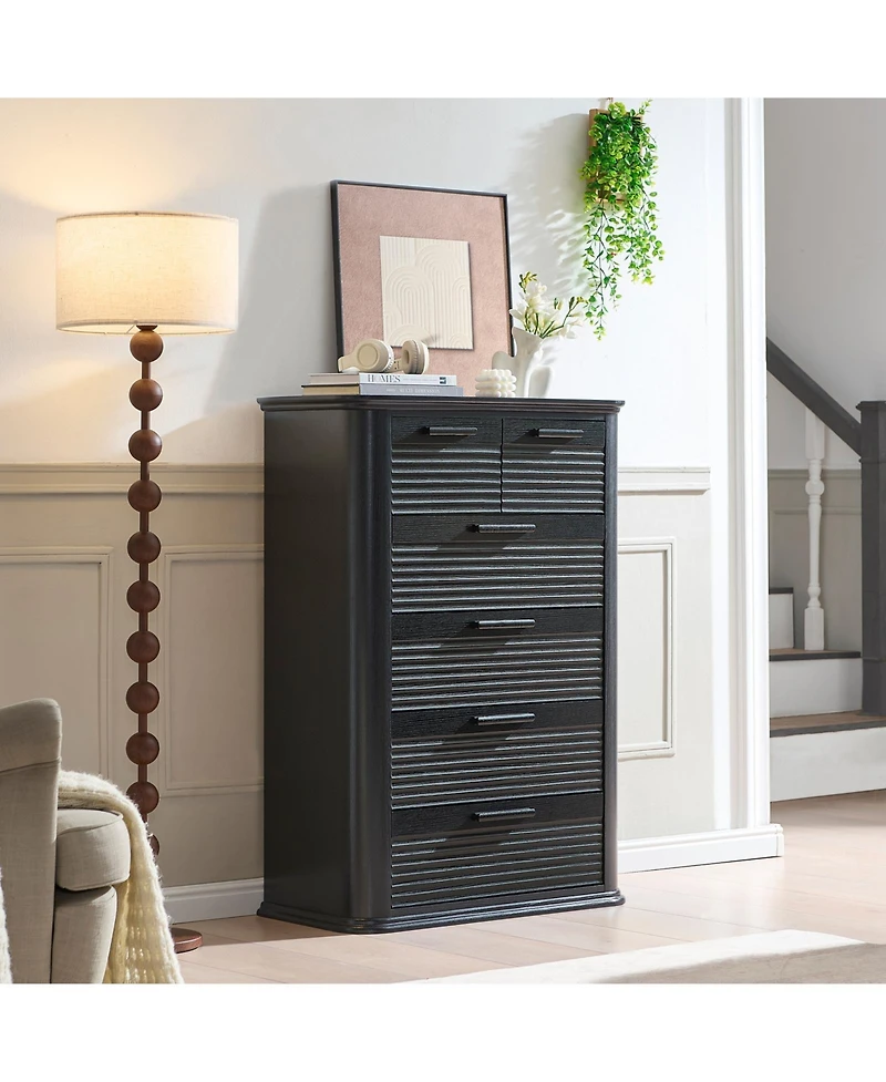 flynama 6 Drawers Dresser Modern Curved Profile Wood Fluted Storage Organizer 45 inch Tall for Bedroom Living Room Entryway