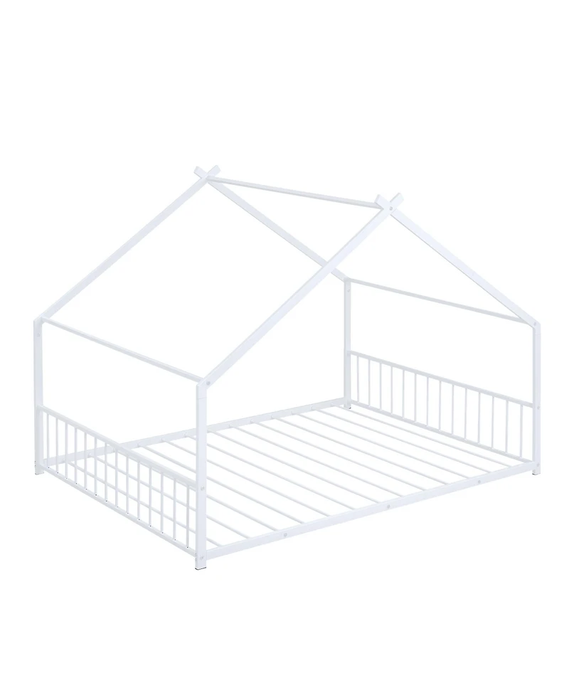 flynama White Metal House Bed with Roof Design Semi Enclosed Space and Integrated Slat Support
