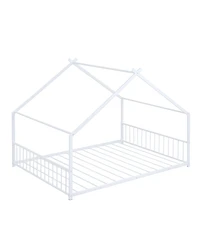 flynama White Metal House Bed with Roof Design Semi Enclosed Space and Integrated Slat Support