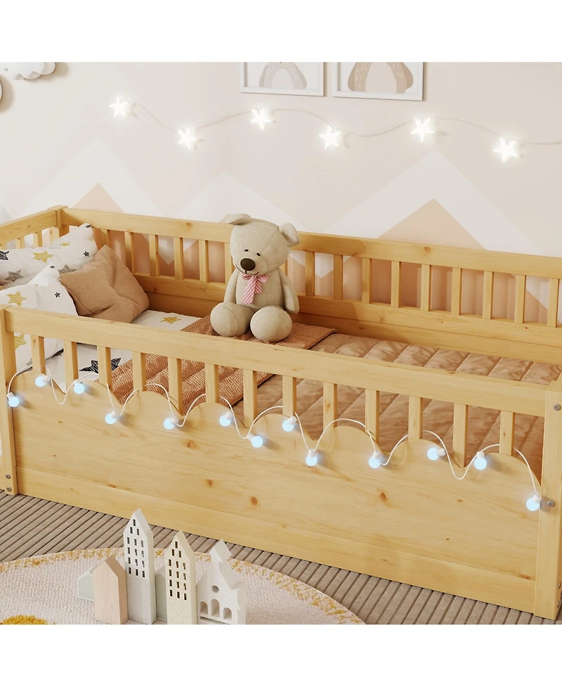 flynama Montessori Wood Floor Bed With Led Light Storage Shelf High Rails