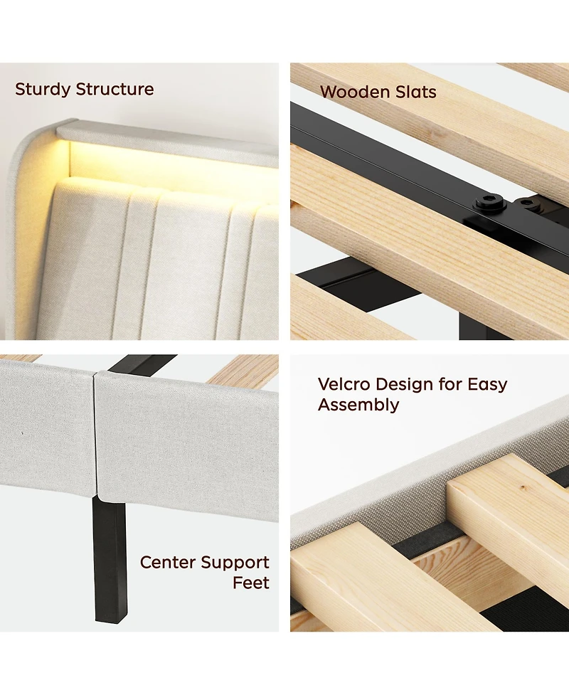 flynama Platform Bed Fabric Upholstered Headboard Wood Slats Usb Charging